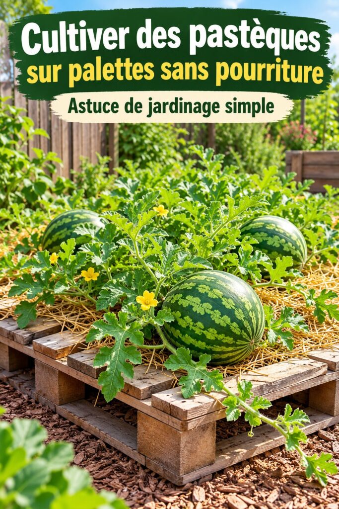Pastèque récoltée sur une palette en bois dans un jardin.