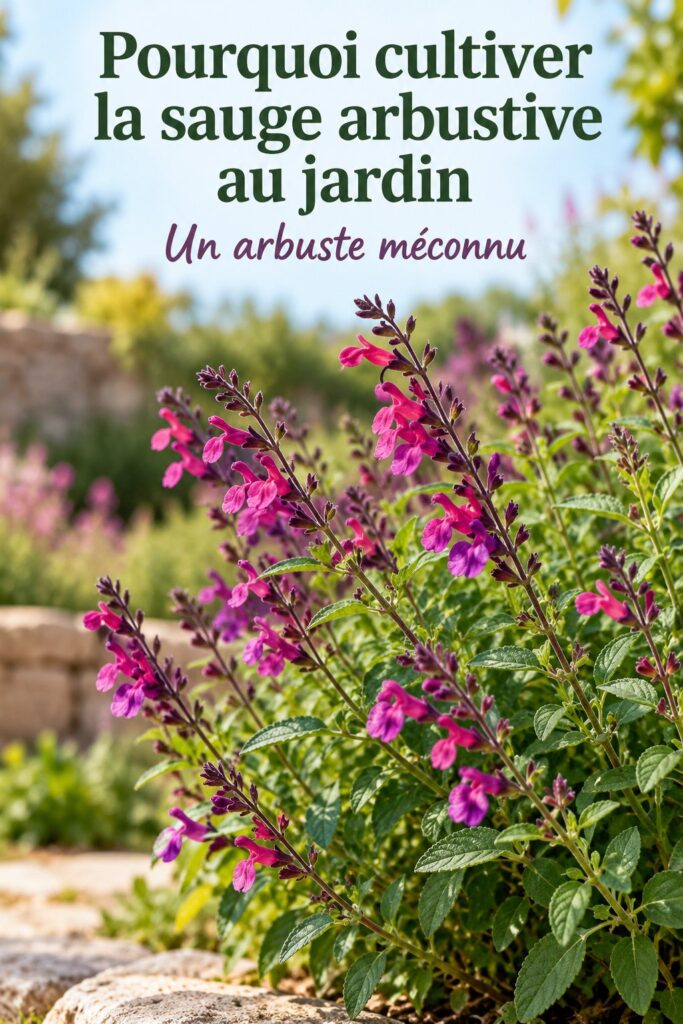 Un jardin avec de la sauge arbustive en pleine floraison, apportant une touche de verdure.