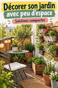 Petit jardin décoré avec des plantes et mobilier compact