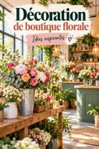 Décoration accueillante d'une boutique florale avec des arrangements colorés en vitrine.