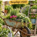 Un jardin coloré avec des décorations créées à partir de vieux objets recyclés.