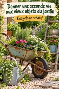 Un jardin coloré avec des décorations créées à partir de vieux objets recyclés.