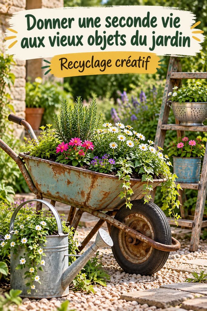 Un jardin coloré avec des décorations créées à partir de vieux objets recyclés.