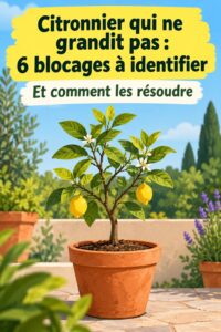 Un citronnier en pot présent dans un jardin, avec des feuilles vertes luxuriantes et quelques citrons en train de mûrir.