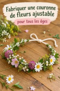 Couronne de fleurs faite maison sur une table en bois, avec des fleurs colorées.