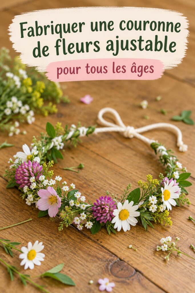 Couronne de fleurs faite maison sur une table en bois, avec des fleurs colorées.