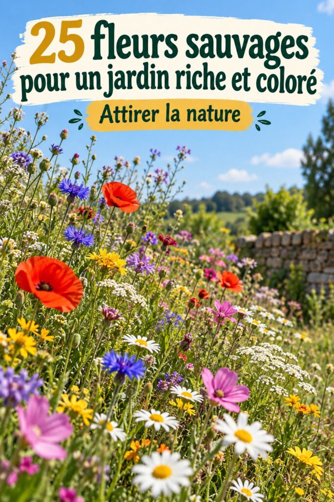 Un jardin coloré avec diverses fleurs sauvages en pleine floraison, symbolisant la biodiversité.