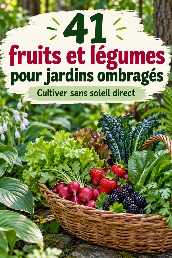 Un jardin ombragé vibrant avec une variété de fruits et légumes adaptés à la faible luminosité