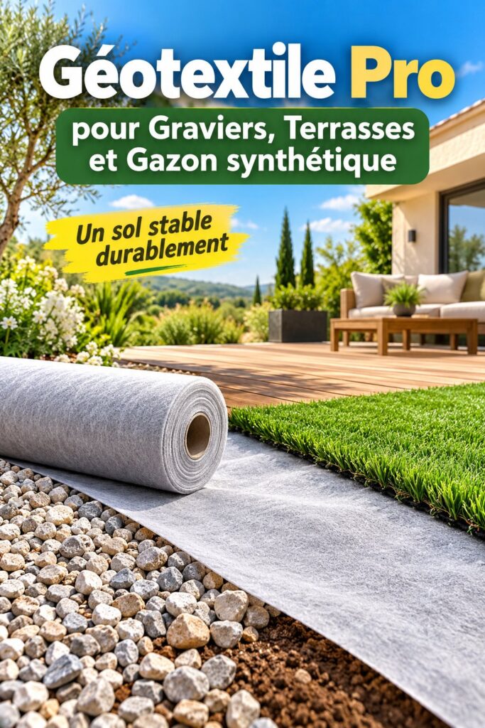 Géotextile utilisé pour stabiliser graviers dans un jardin.