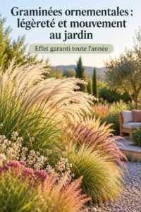 Un jardin vibrant avec des graminées ornementales ajoutant texture et mouvement.