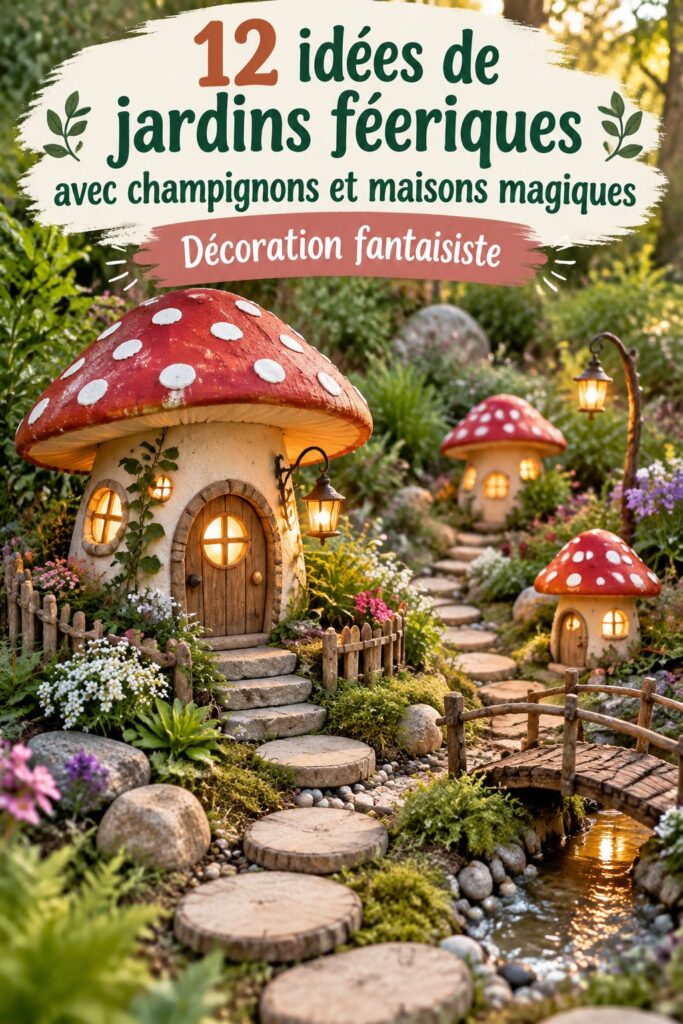 Jardin féérique décoré avec des gnomes, champignons et maisons de fées