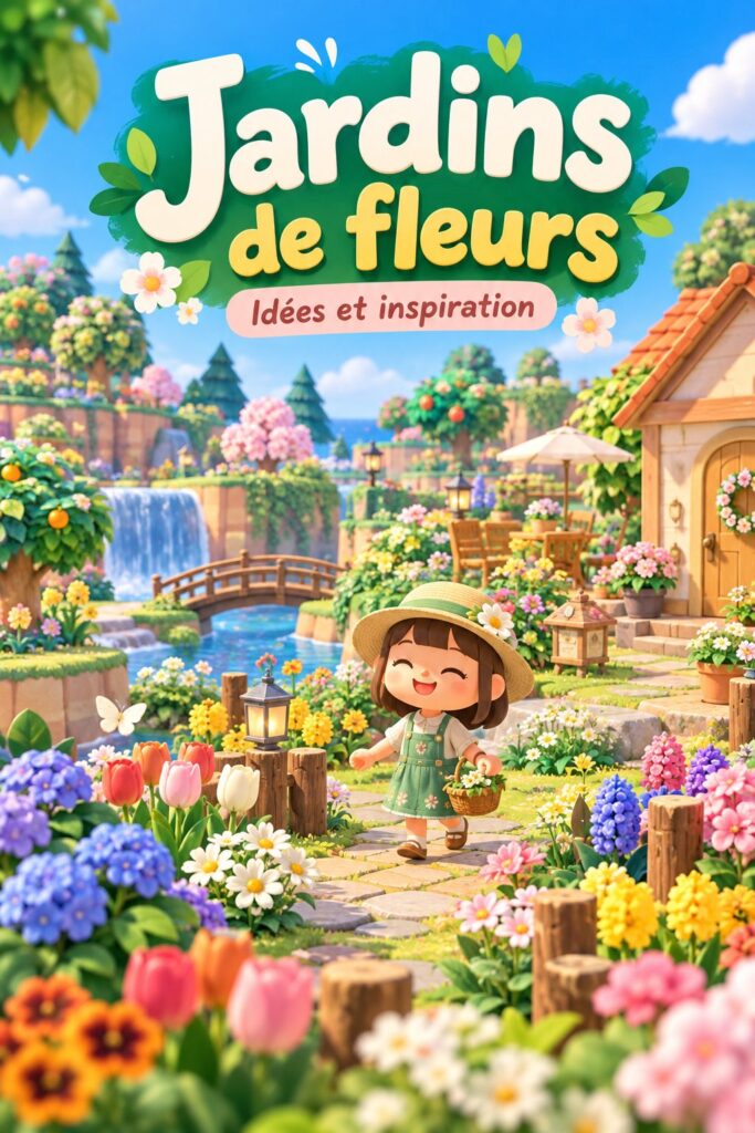 Un jardin fleuri inspiré d'Animal Crossing avec des couleurs vives et une ambiance conviviale.