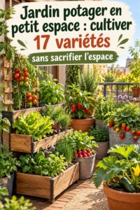 Un jardin potager compact avec des légumes variés cultivés dans un espace réduit