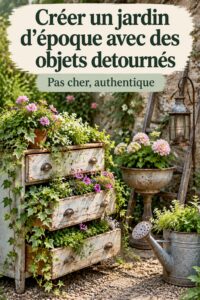 Jardin vintage décoré avec des objets détournés créatifs et colorés