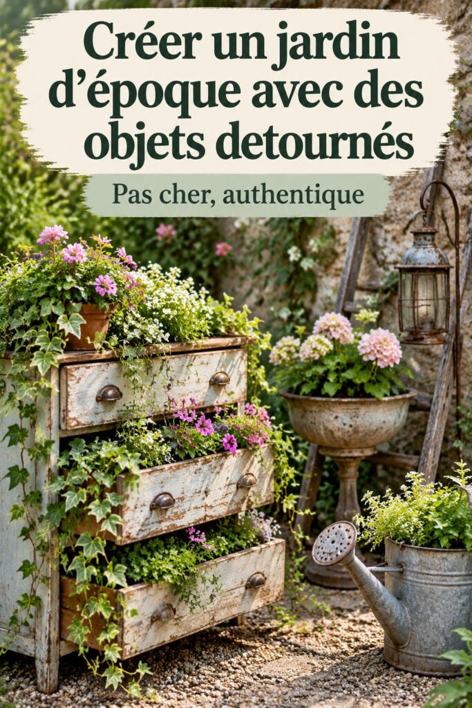 Jardin vintage décoré avec des objets détournés créatifs et colorés