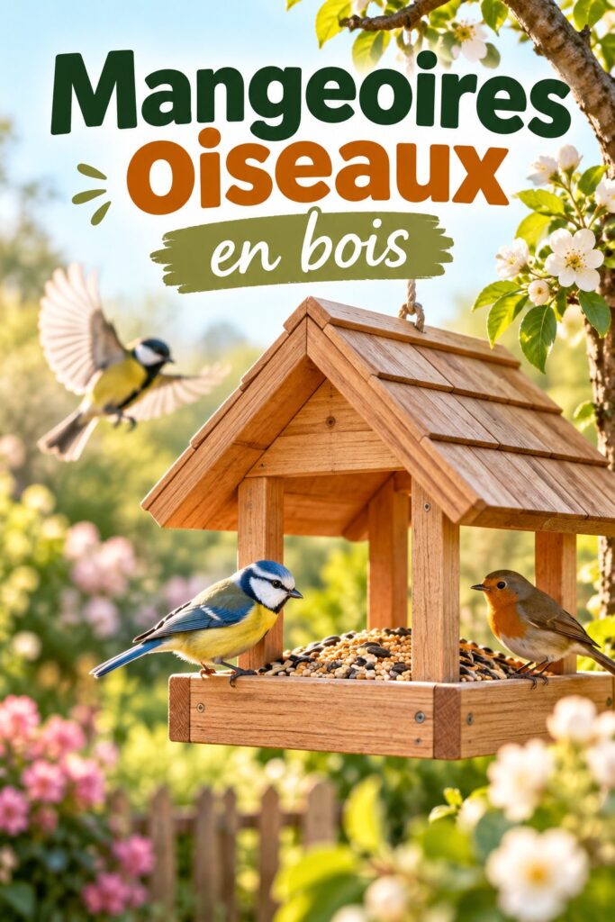 Mangeoire en bois dans un jardin attirant des oiseaux