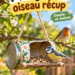 Mangeoire à oiseaux faite maison avec des matériaux recyclés dans un jardin en pleine nature.