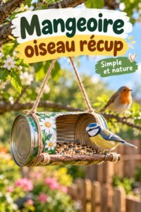 Mangeoire à oiseaux faite maison avec des matériaux recyclés dans un jardin en pleine nature.