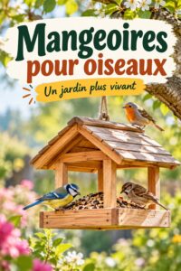 Mangeoire à oiseaux en bois décorative dans un jardin fleuri