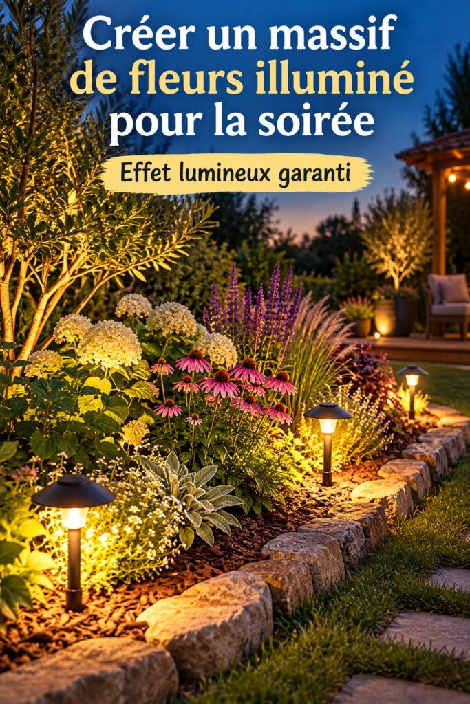 Massif de fleurs illuminé dans un jardin pendant la nuit.
