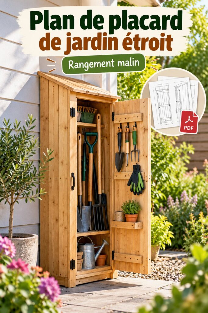 Meuble de rangement en bois dans un jardin fleuri