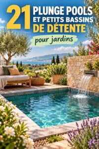 Un jardin avec une petite piscine plongeante entourée de plantes vertes