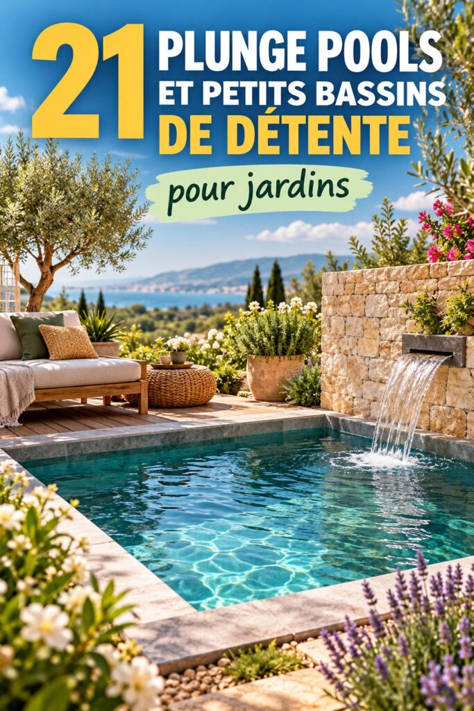 Un jardin avec une petite piscine plongeante entourée de plantes vertes