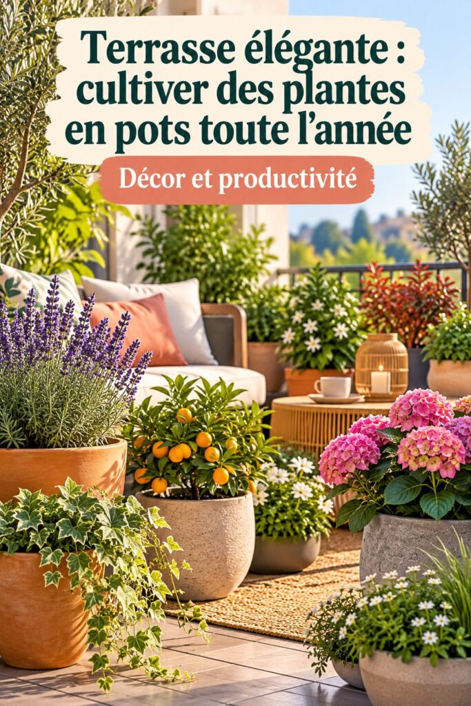 Terrasse élégante décorée de plantes en pots pour chaque saison