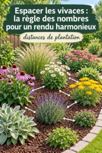 Jardin avec des vivaces espacées harmonieusement, montrant des couleurs vives.