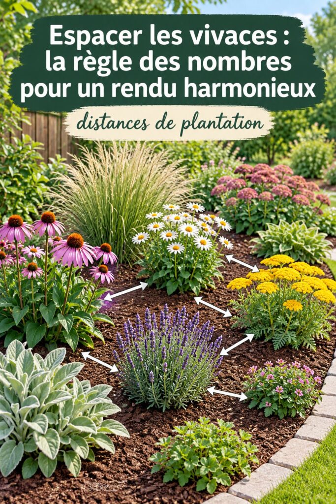 Jardin avec des vivaces espacées harmonieusement, montrant des couleurs vives.