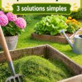 Un jardin fleuri avec des tontes de pelouse utilisées comme paillis pour les plantes.