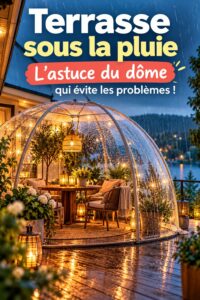Terrasse couverte avec mobilier chaleureux, prête à accueillir les jours de pluie.