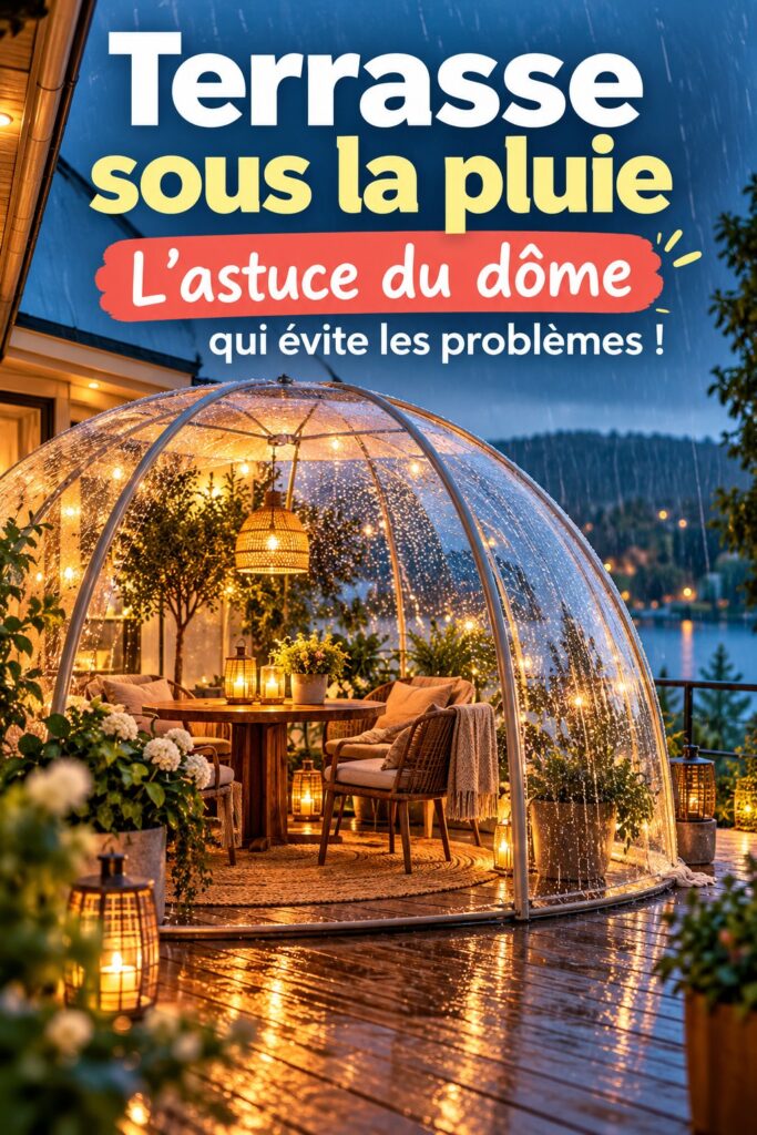 Terrasse couverte avec mobilier chaleureux, prête à accueillir les jours de pluie.