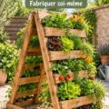 Tour de culture verticale en A réalisée avec des palettes recyclées dans un jardin