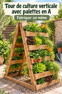 Tour de culture verticale en A réalisée avec des palettes recyclées dans un jardin