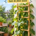 Tuteur en bois pour cultiver des concombres dans un petit jardin.