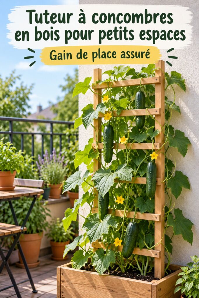 Tuteur en bois pour cultiver des concombres dans un petit jardin.