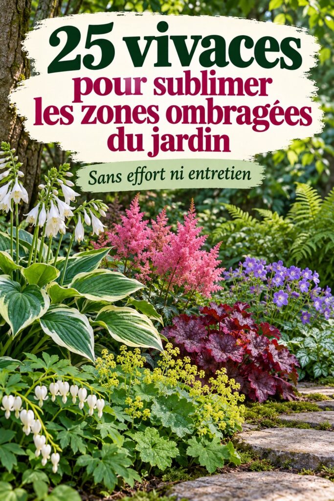 Un jardin ombragé rempli de plantes vivaces colorées et luxuriantes.